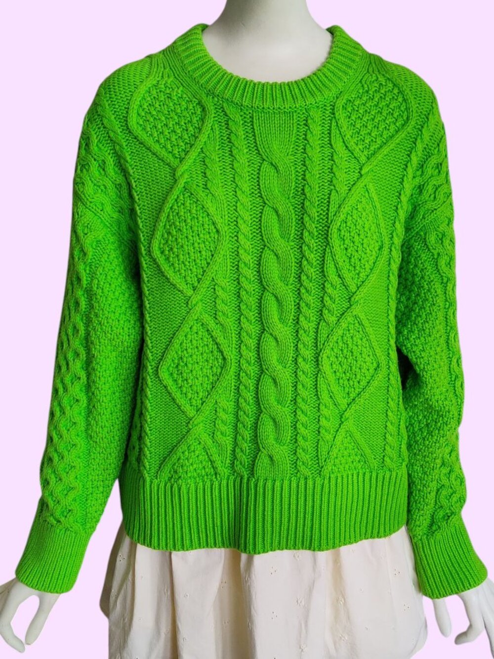 Tommy Hilfiger Women Cable Knit Boyfriend Sweater Neon Lime Green Cotton Blend S
